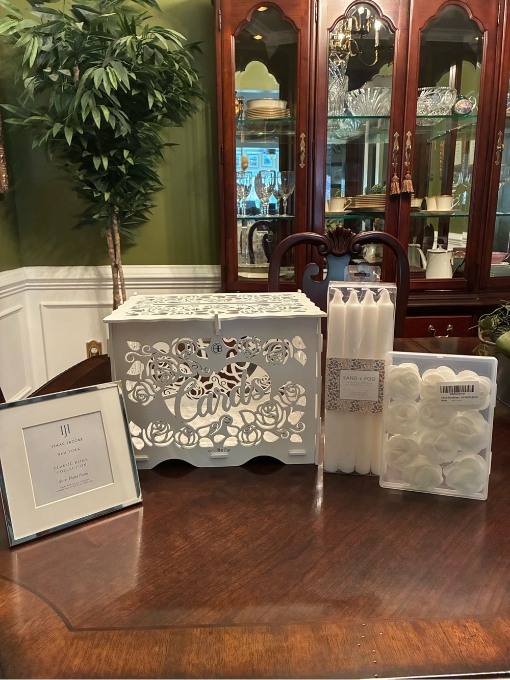 Elegant White Laser-Cut Cards Box Ten Pack Boutonnieres Silver Frame Candles.